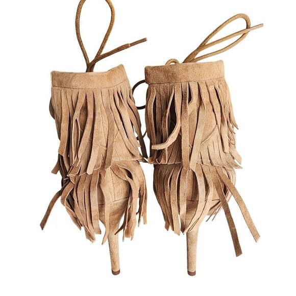 Jessica Simpson JS-Bregan Dakota Tan Lux Kid Suede Fringe Lace-Up Heels Size 8.5 - Picture 7 of 14